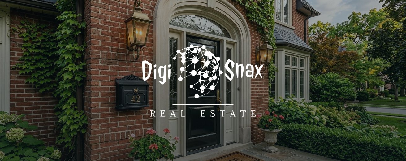 DigiSnax Real Estate brand banner: a luxury brick home entrance with the DigiSnax Real Estate lockup
