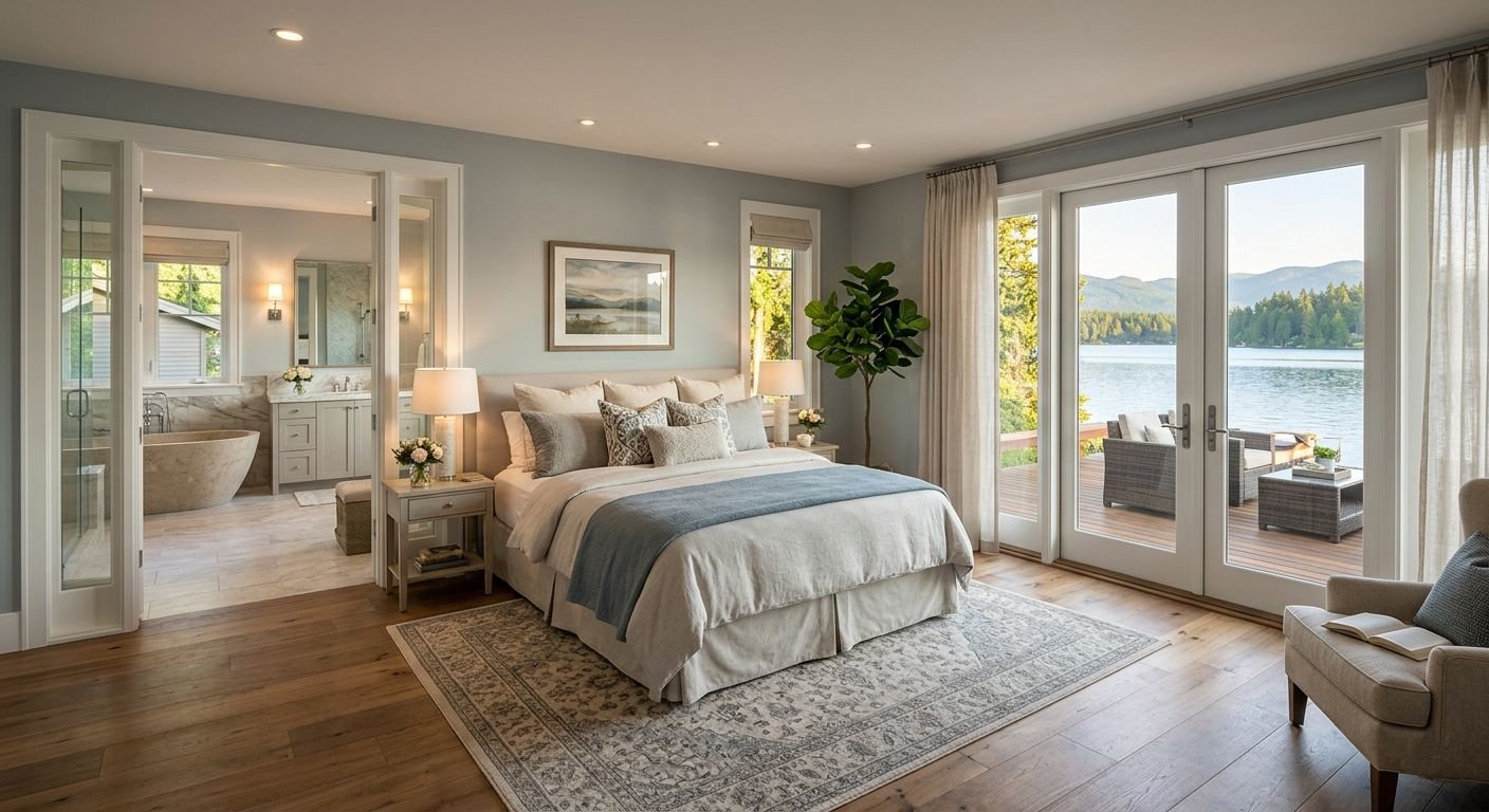 Serene primary suite with lake views